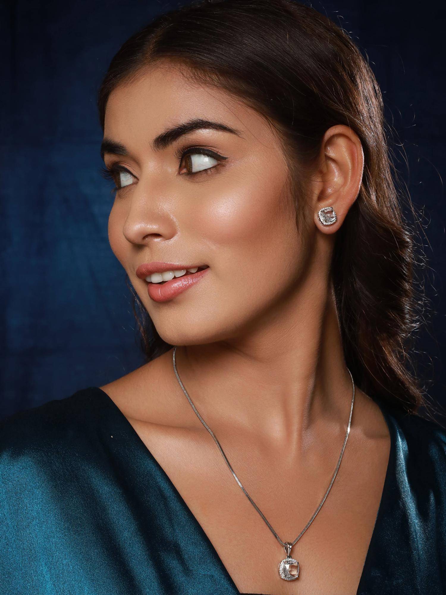 Aatmana Silver -Plated Red Ad Stone-Studded Pendent Set