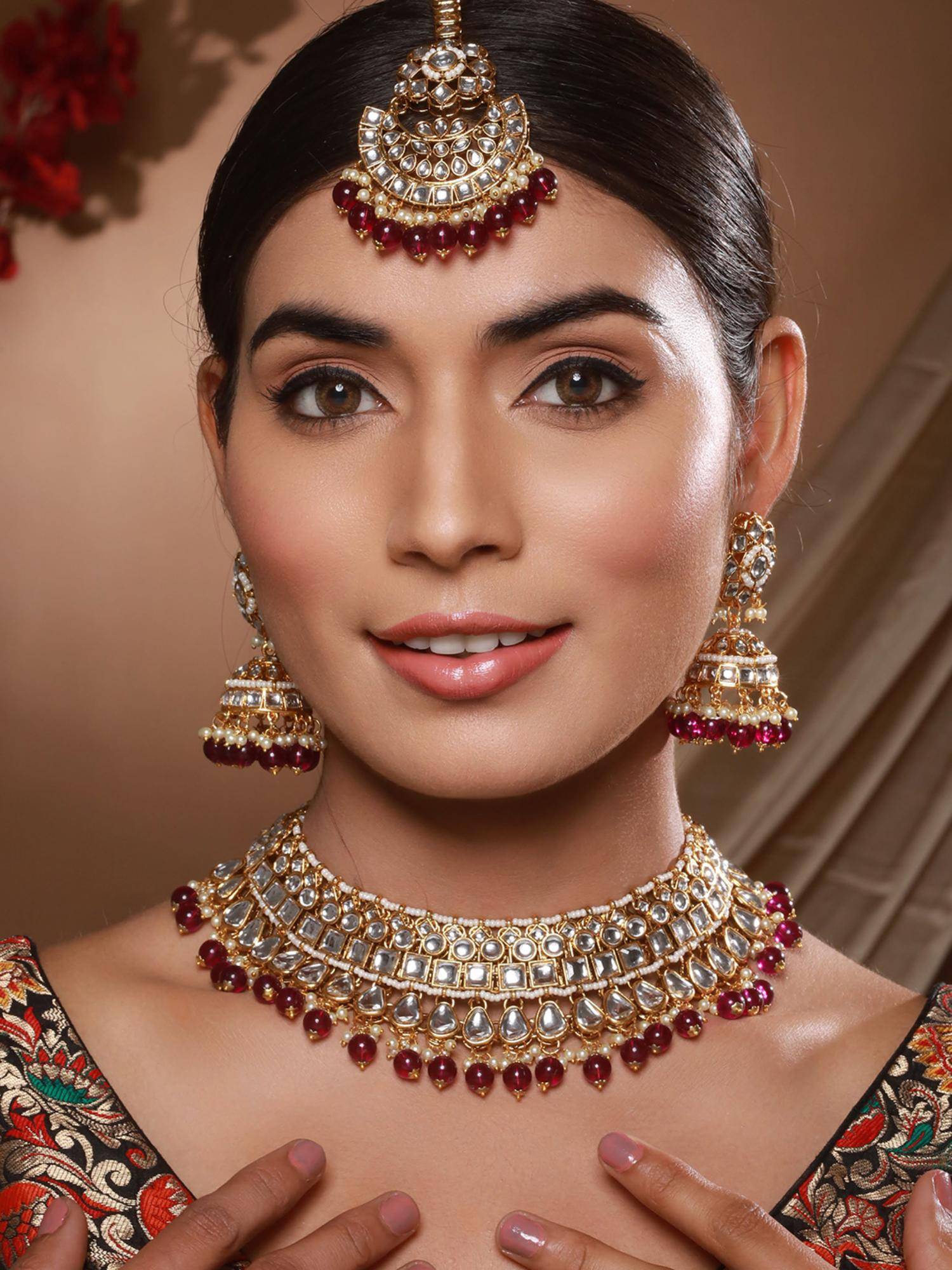 Aatmana Gold-Plated And Wine Kundan Studded Jewellery Set