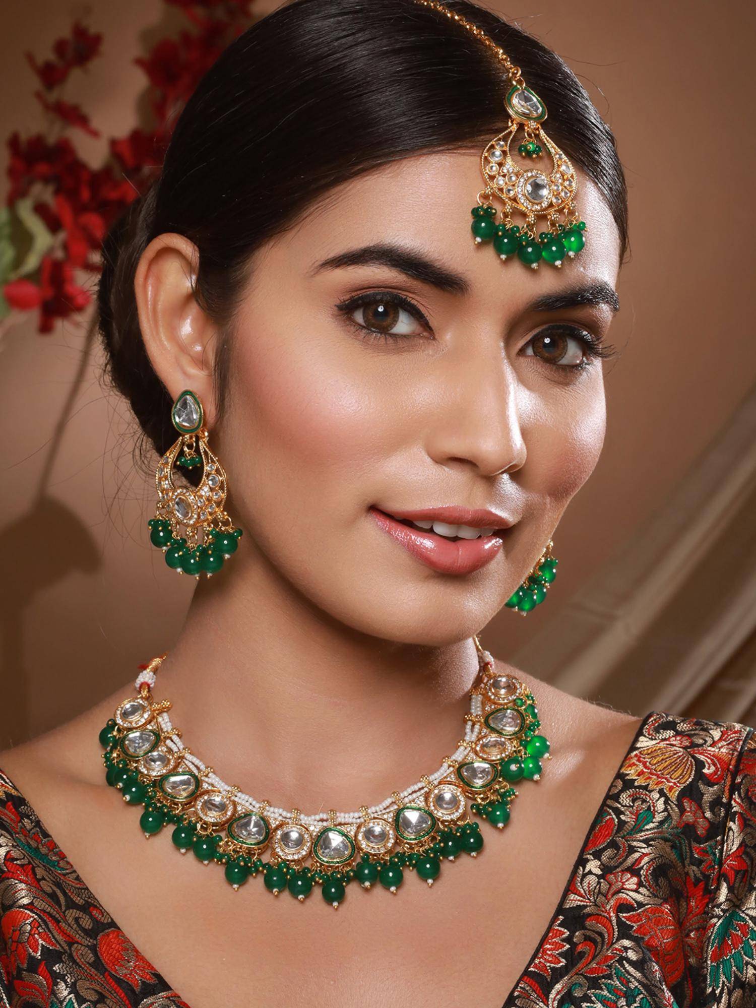 Aatmana Gold-Plated Green And White Beaded Handcrafted Jewellery Set With Maangtikka