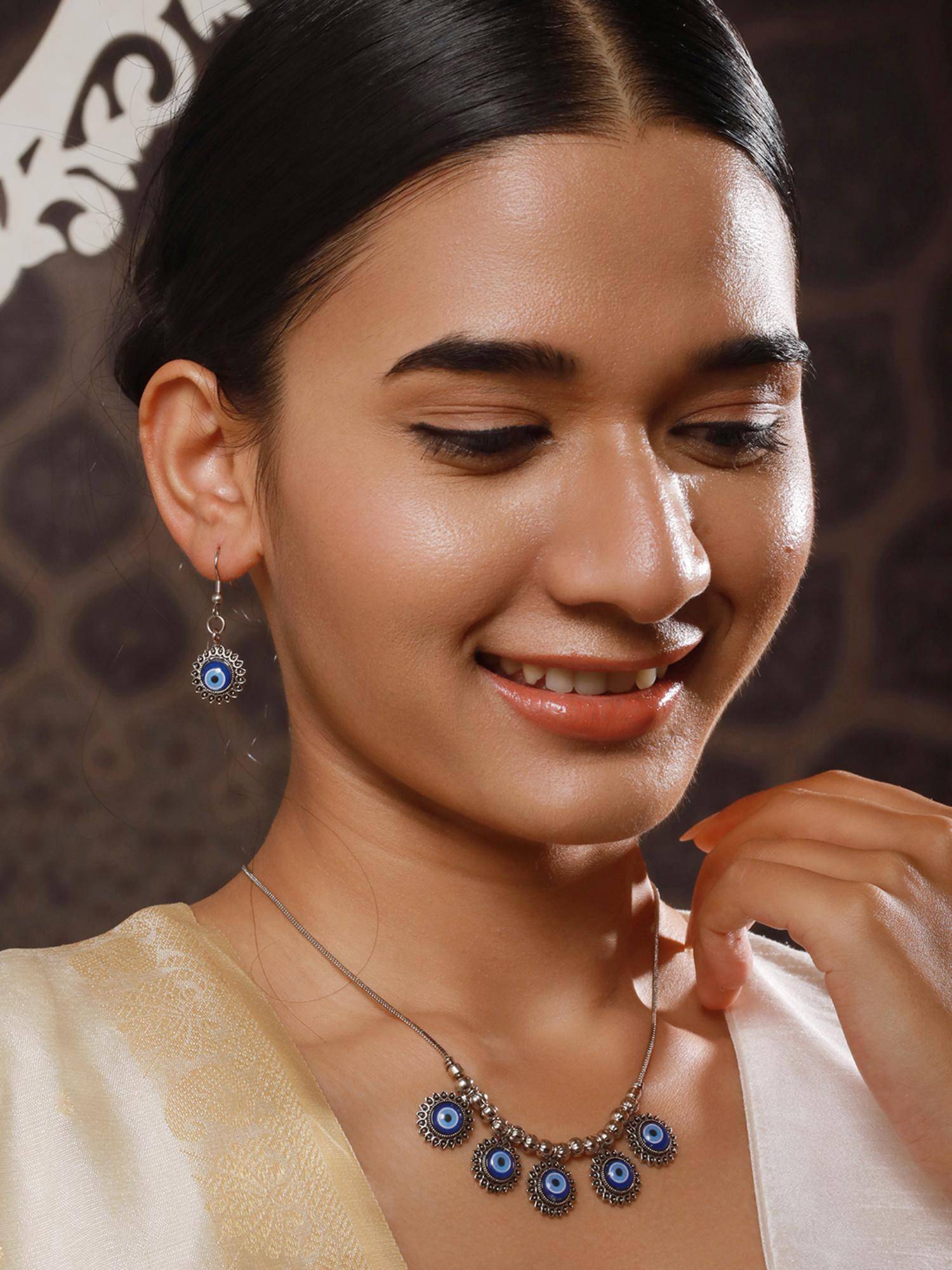 Aatmana Silver-Plated Oxidised Evil Eye Necklace And Earrings