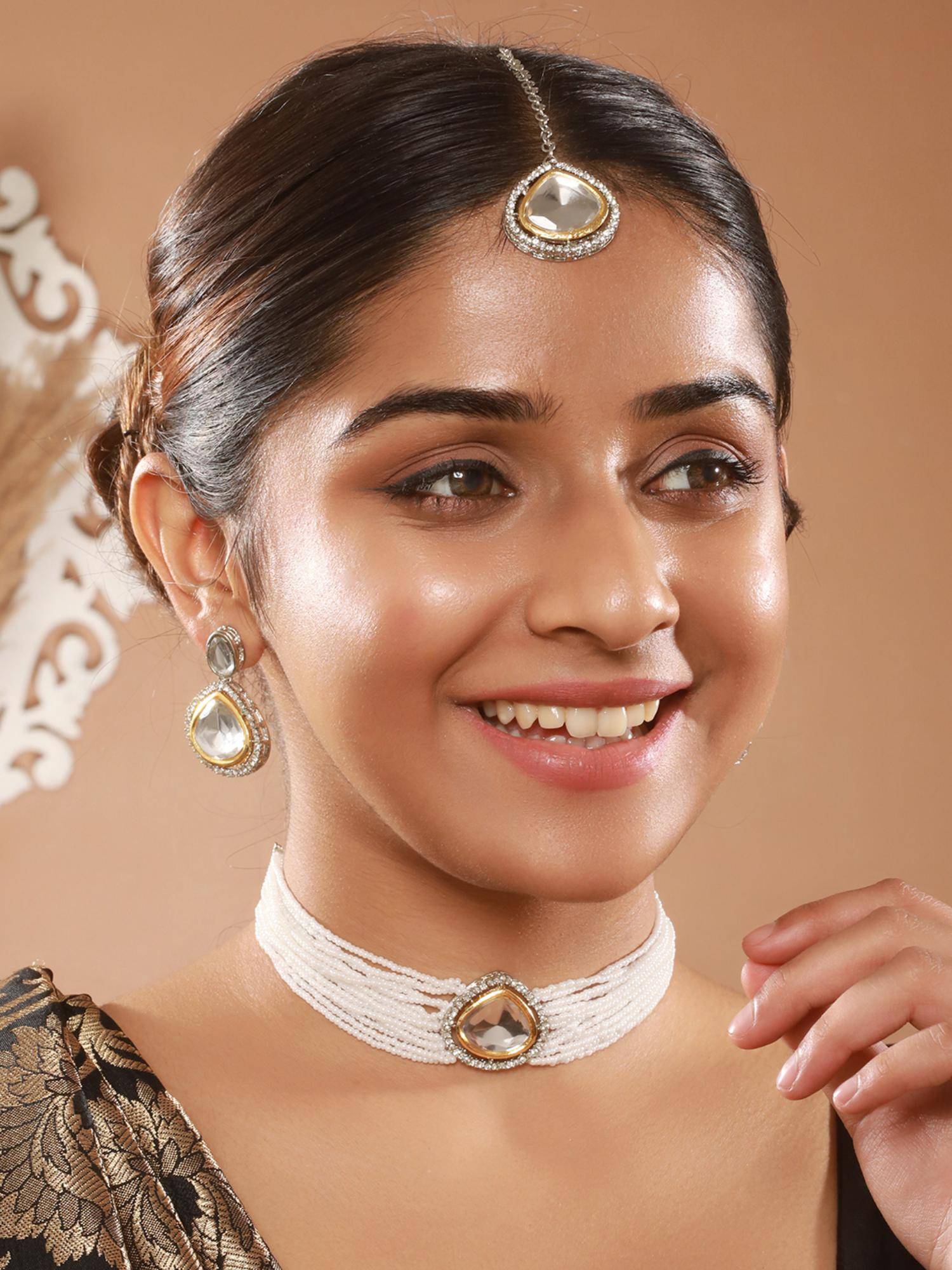 Aatmana Gold-Plated Austrian Diamond Studded And Beaded Jewellery Set With Maangtikka