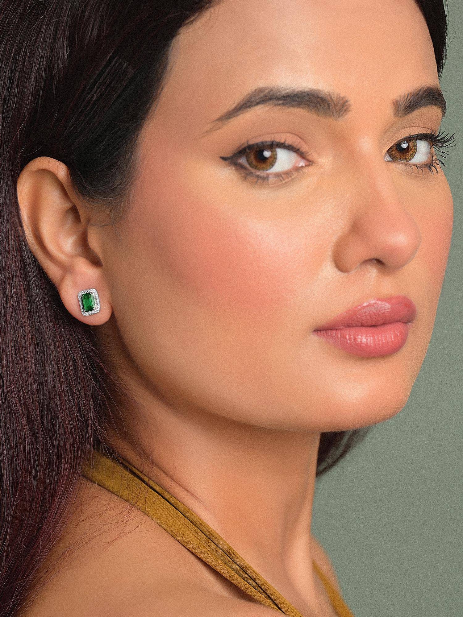 CLARA 925 Silver Platinum Plated Daily Wear Chloe Green Stud Earrings For Women