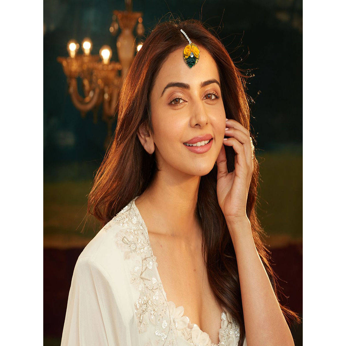 Accessher Haldi Yellow-Green Pearl Floral Maangtikka (Pack of 6 )