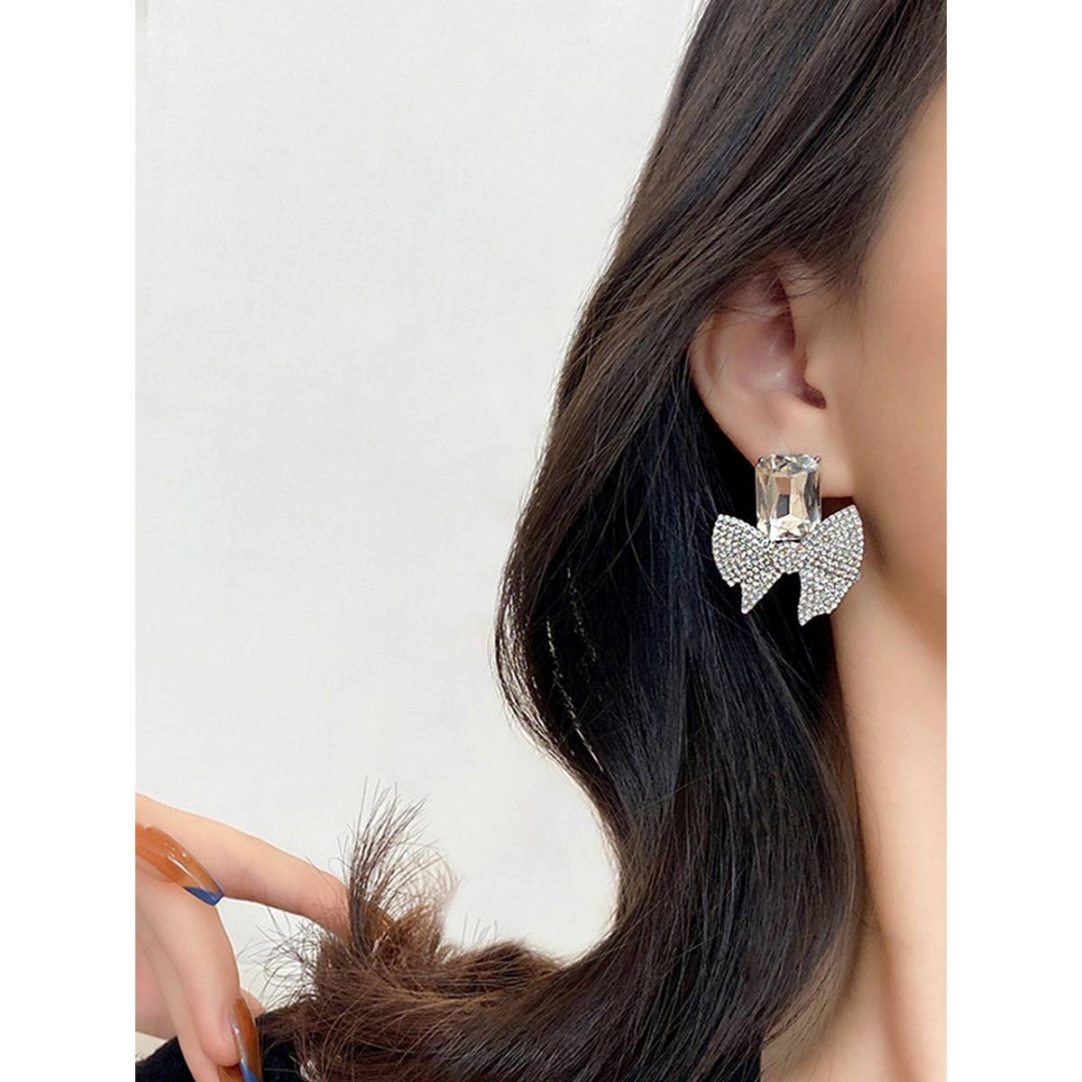 Yellow Chimes Silver Tone Crystal Bow Knot Shape Stud Earrings