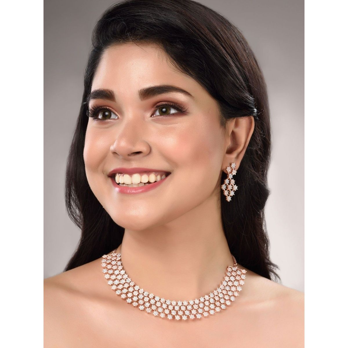Saraf RS Jewellery Rose Gold Plated White AD Necklace with Jhumka Jewellery (Set of 2) (White) At Nykaa, Best Beauty Products Online