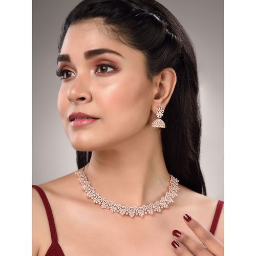 Saraf RS Jewellery Rose Gold Plated White AD Necklace with Jhumka Jewellery (Set of 2) (White) At Nykaa, Best Beauty Products Online