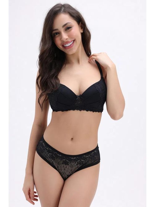 Zivame Padded Non Wired T-shirt Bra with Matching Panty - Black (34C) Zivame Padded Non Wired T-shirt Bra with Matching Panty - Black (34C)