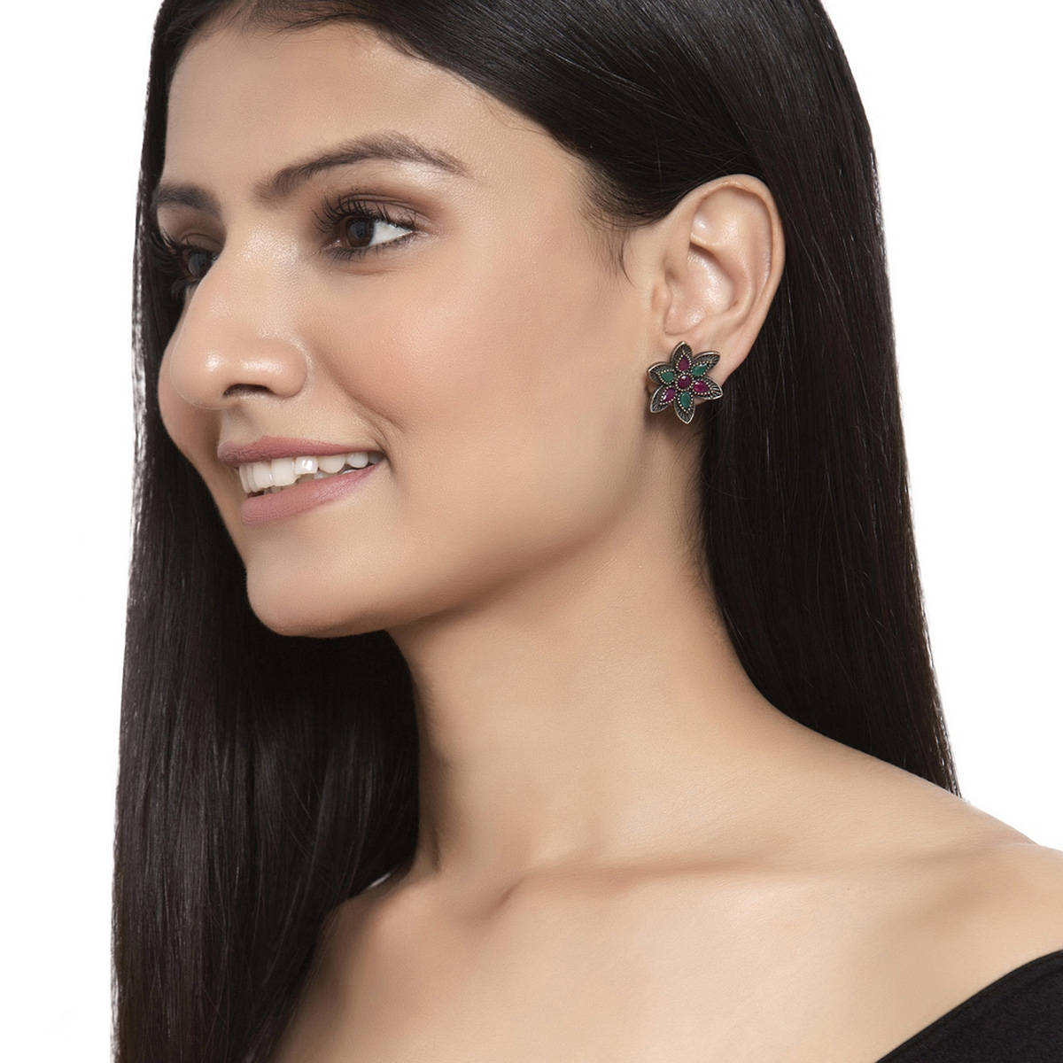 PANASH Oxidised Silver-plated Floral Studs