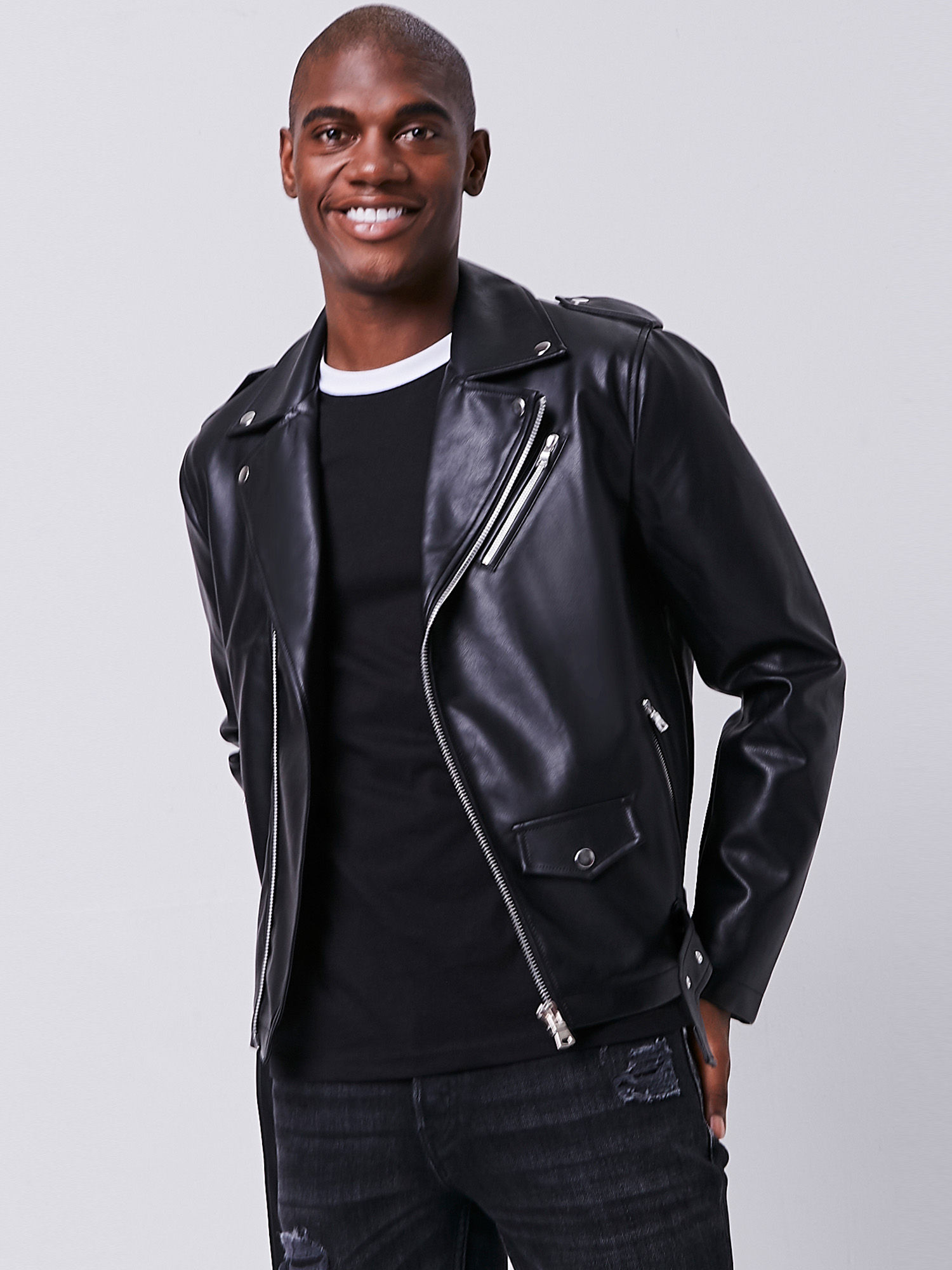 Black leather jacket mens forever 21 hotsell