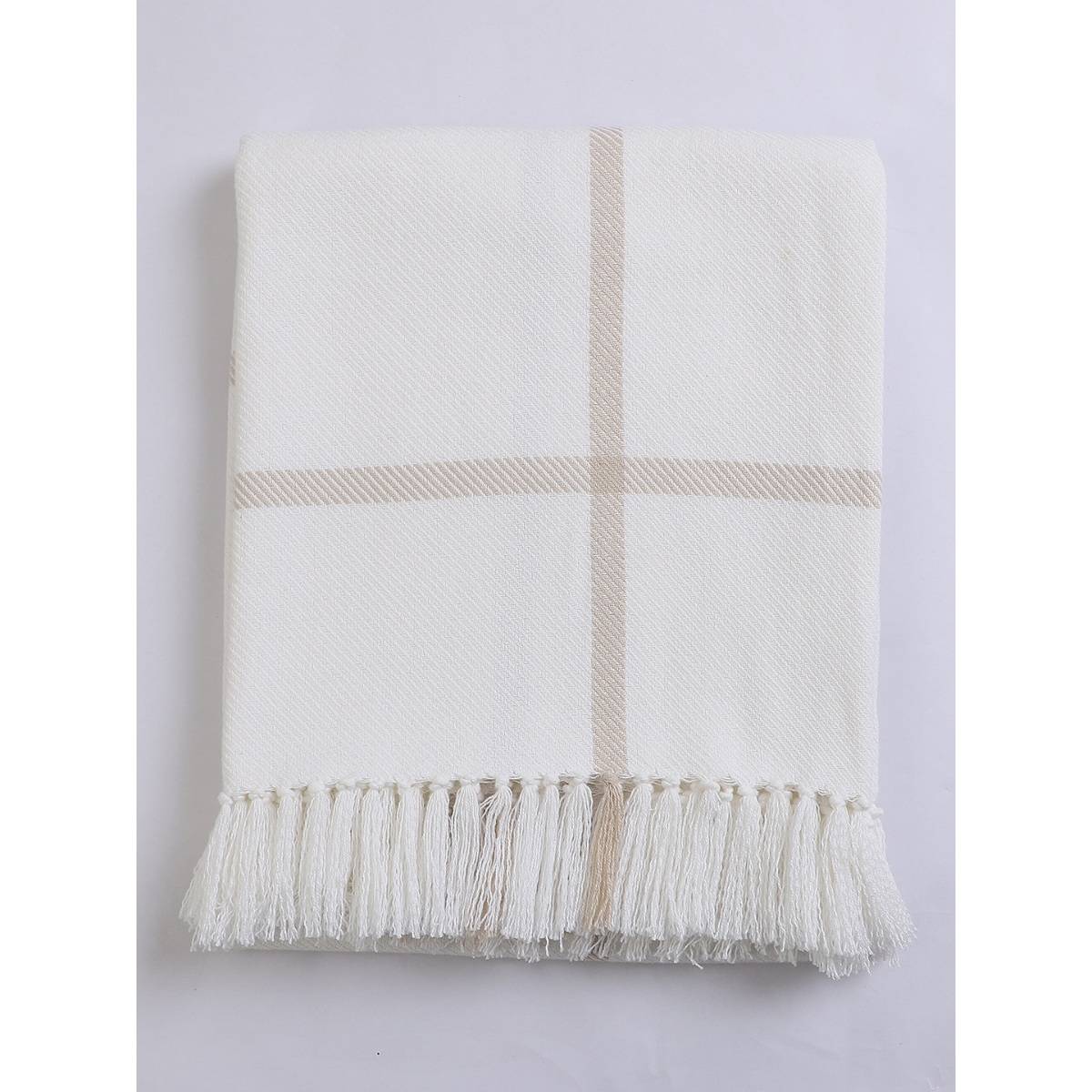 Jamio Firati Plain Beige & White Zigzag Design Cotton Throw (125 x 150 cm)