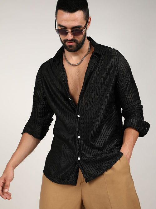 Buy Campus Sutra Mens Onyx Black Curly-Creased Shirt Online