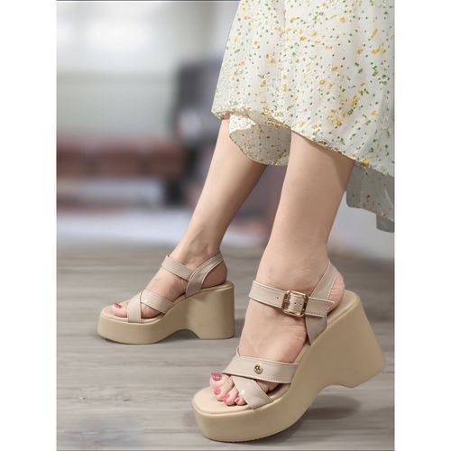Buy Carlton London Beige Solid Wedge Heel Party Wear Women Sandals