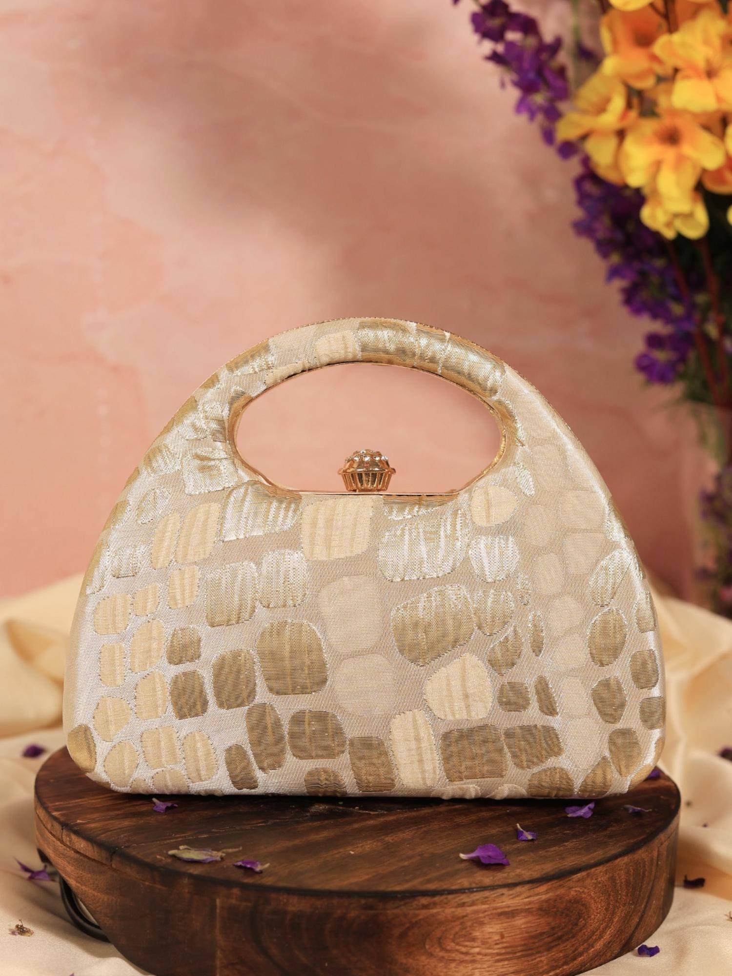 THE TAN CLAN Coral Arc Beige Clutch with Detachable Chain