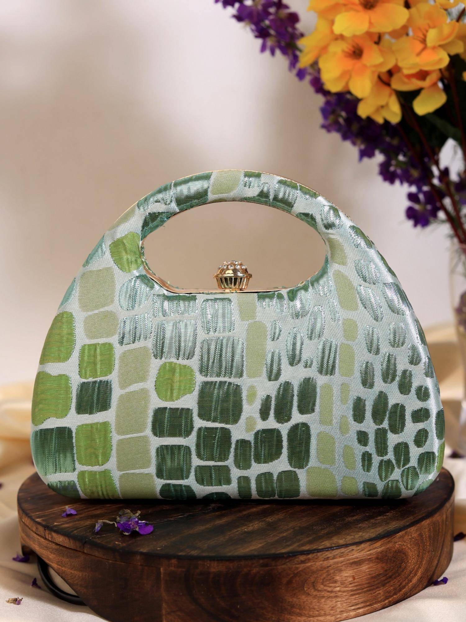 THE TAN CLAN Coral Arc Green Clutch with Detachable Chain