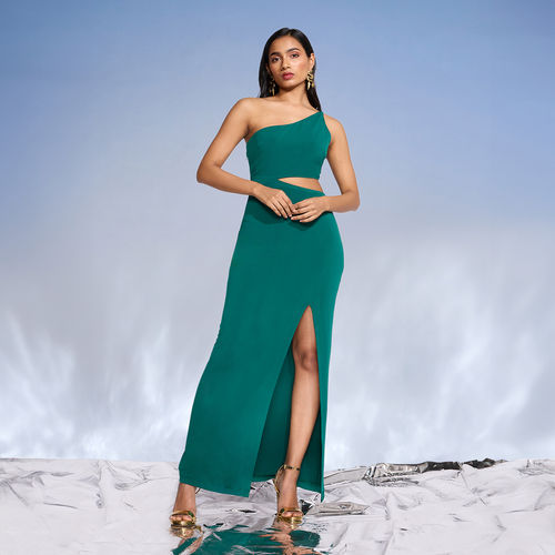 RSVP by Nykaa Fashion Green Solid Strappy Cut Out Maxi Slit Dress (XS)