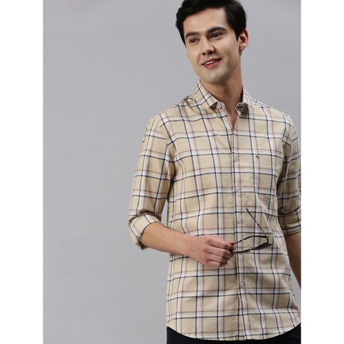 Classic Polo Men Cotton Full Sleeve Checked Slim Fit Polo Neck Beige Colour  Woven Shirt
