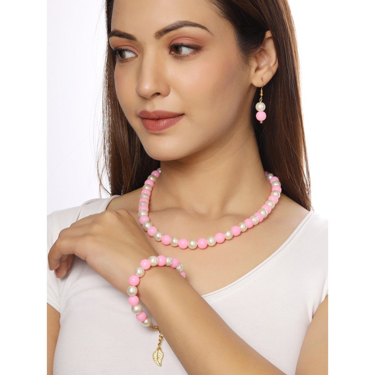 Stylish And Traditional Ethnic Moti Pearl Necklace With Earrings Jewellery  Set For Womens And Girls white