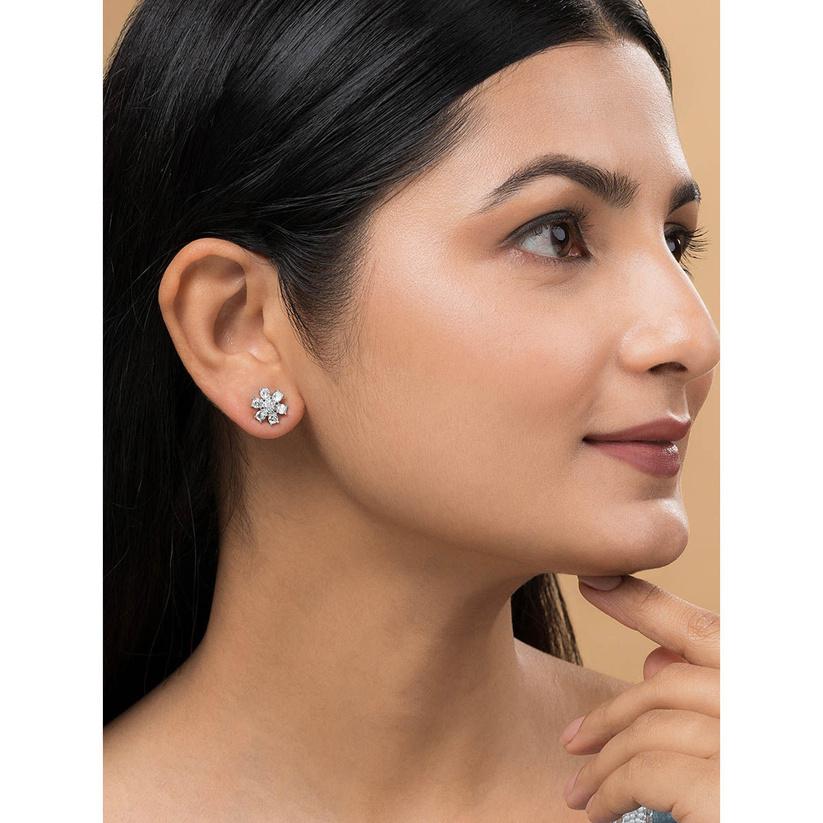 Buy Teejh Celestial Chandi CZ Stones Silver Plated Floral Stud