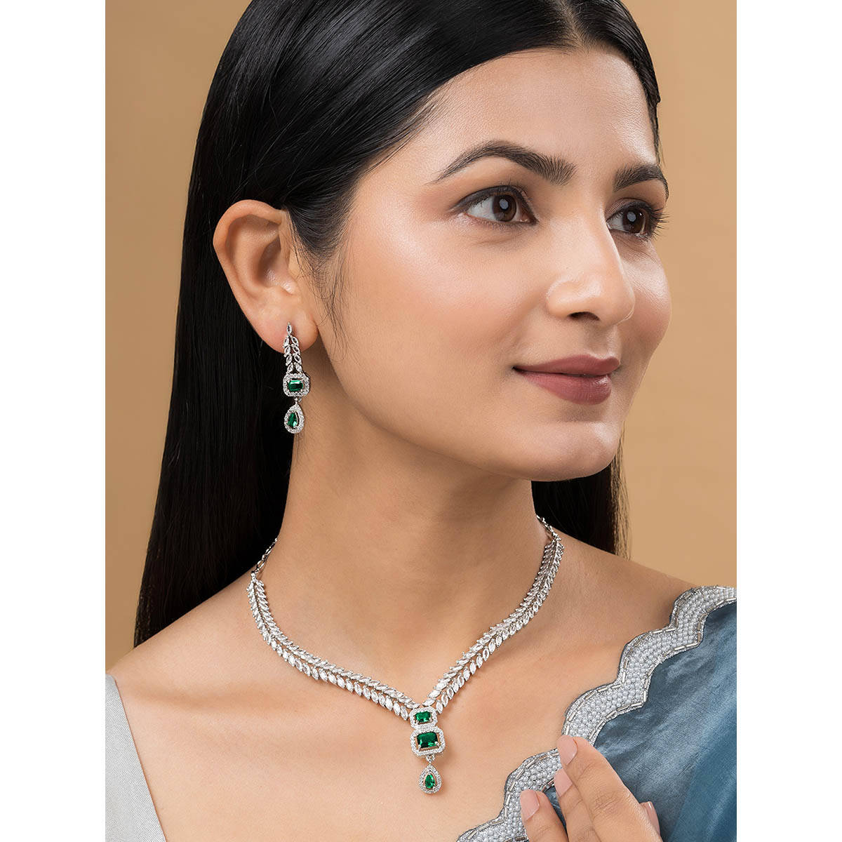Teejh Sparki Silver Plated Green Stone Necklace Set