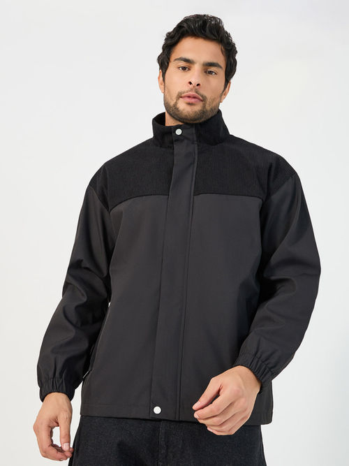 Styli Mens Black High Neck Windbreaker Jacket