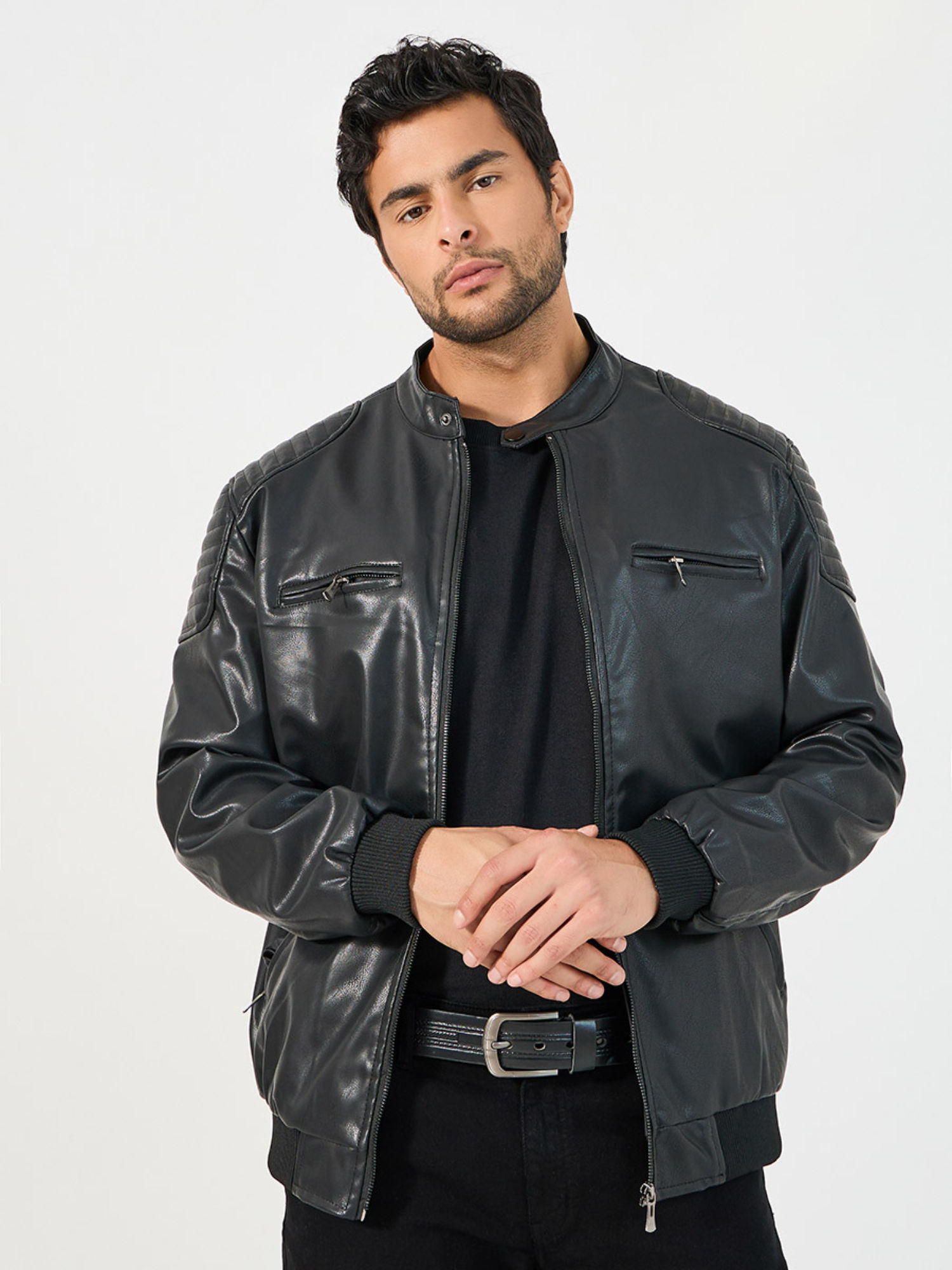 Buy Styli Mens Black Faux Leather Biker Jacket Online