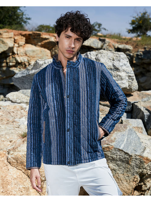 Campus Sutra Mens Navy Blue Striped Quilted Bomber Jacket