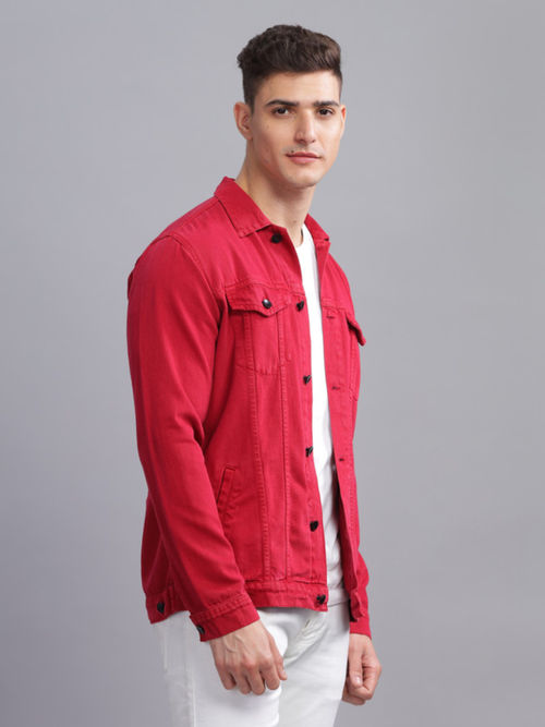 Buy KUONS AVENUE Mens Dark Red Casual Trucker Denim Jacket Online