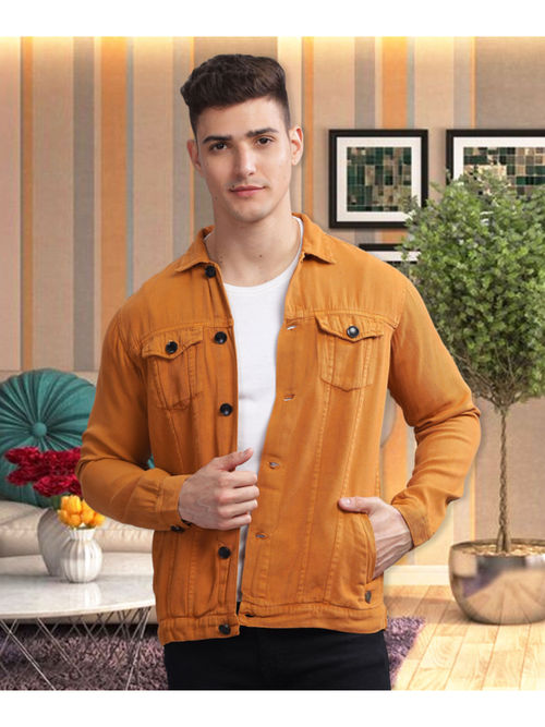 KUONS AVENUE Mens Orange Casual Trucker Denim Jacket