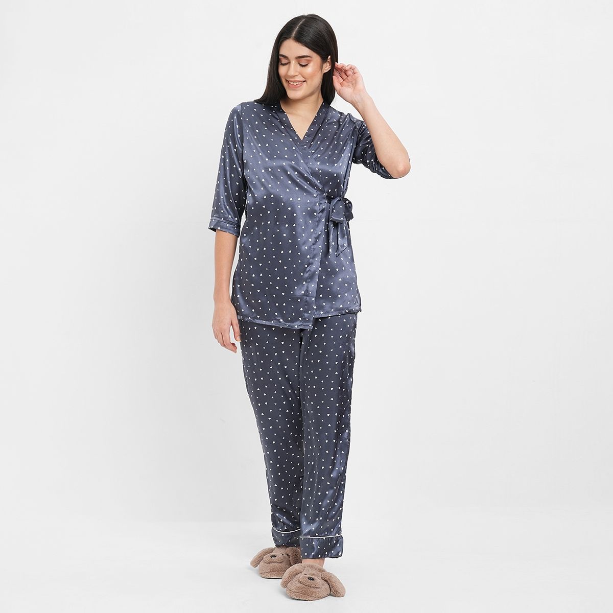 Women 3-Piece Classic Silk Pajamas Set - Navy