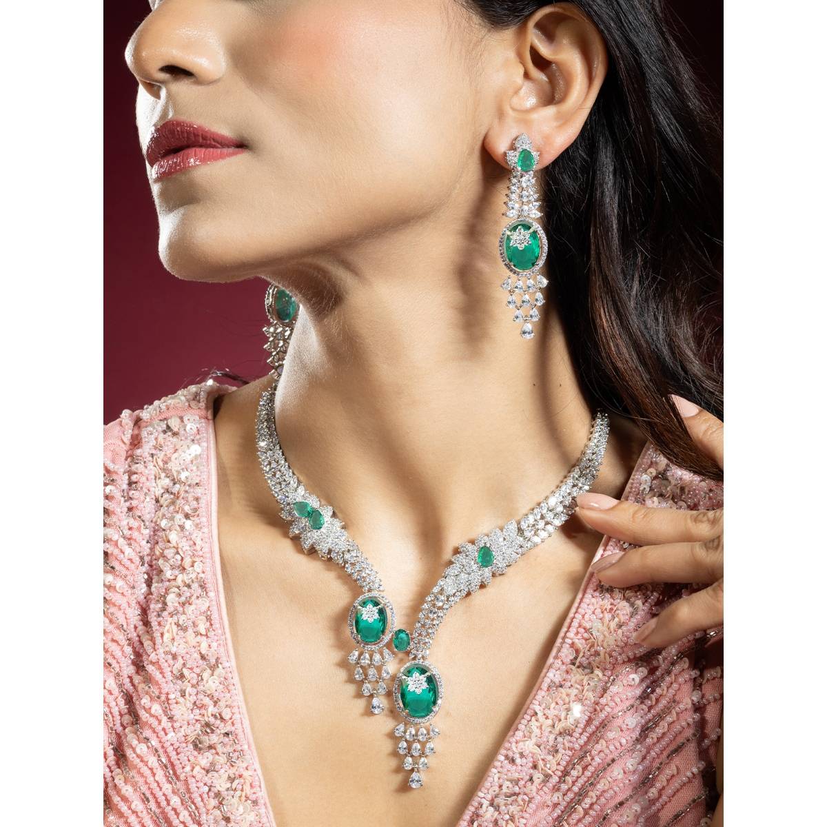 Niscka White and Green American Diamond Necklace with Earrings