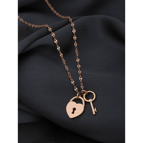 Carlton London Rose Gold Plated Lock and Key Pendant with Chain Necklace