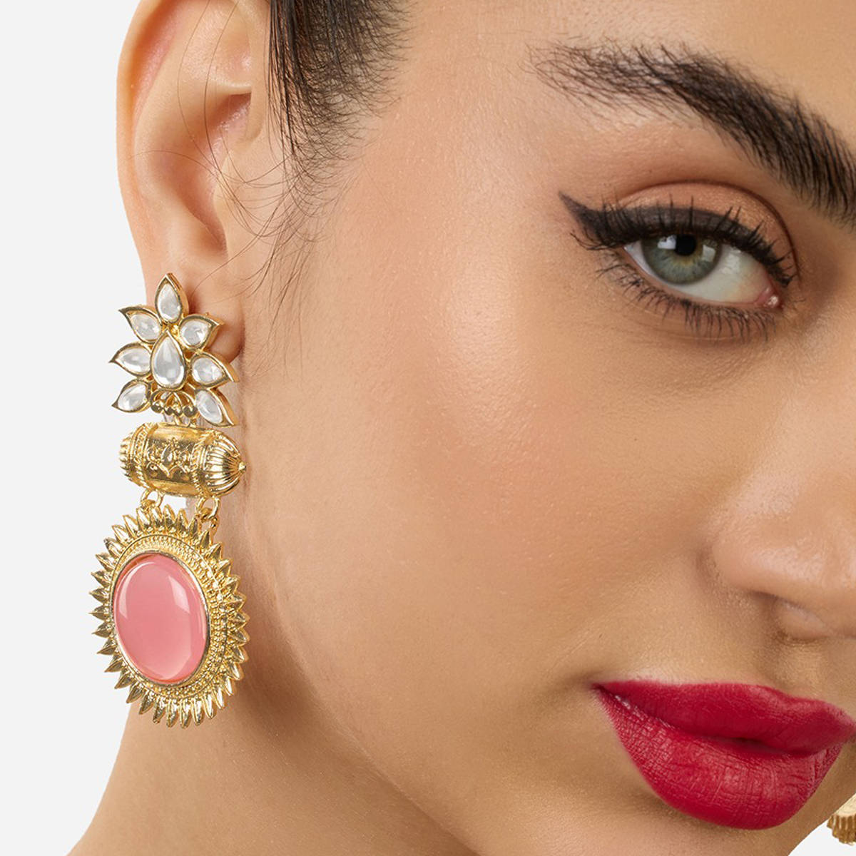 Zaveri Pearls Pink Stone Traditional Kundan Dangle Earring