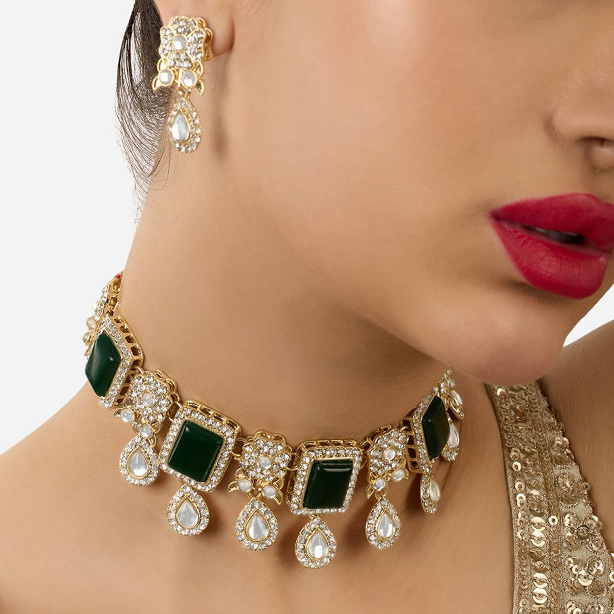 Zaveri Pearls Green Stones Austrian Diamonds Choker Jewellery Set