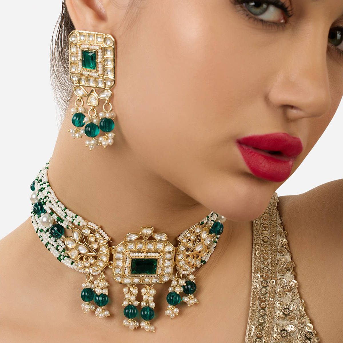 Zaveri Pearls Green Multistrand Beaded Kundan Choker Jewellery Set