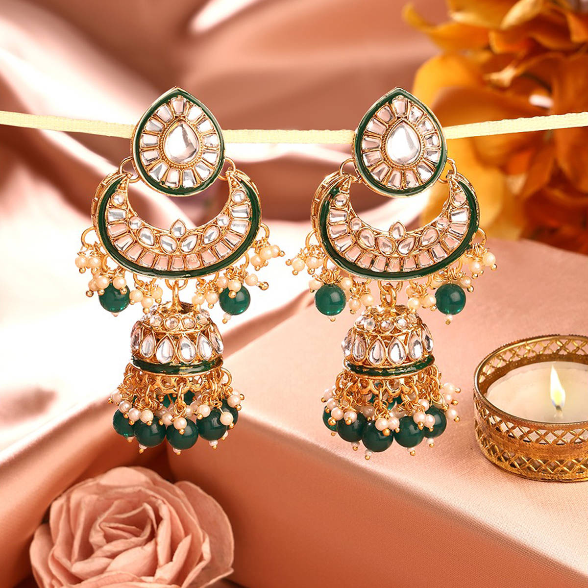 Zaveri Pearls Green Meenakari Crescent Kundan Beads Jhumki Earring