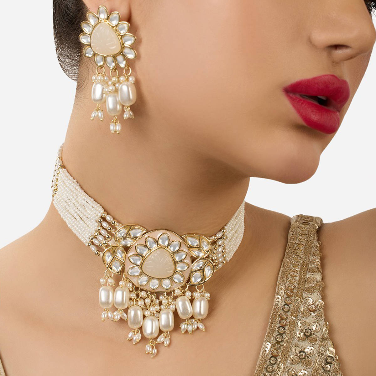 Zaveri Pearls Gold Tone Meenakari Multistrand Choker Jewellery Set