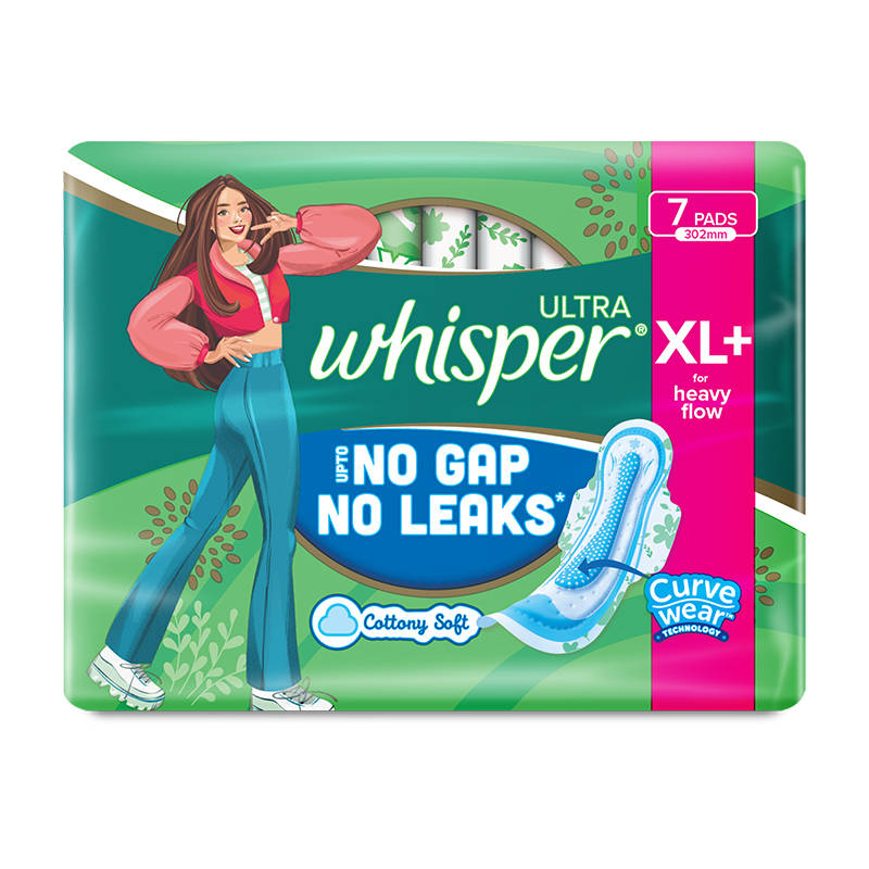 Whisper Ultra Upto No Gap No Leaks Sanitary Pads, 7 XL+ Pads, For Heavy Flow Protection