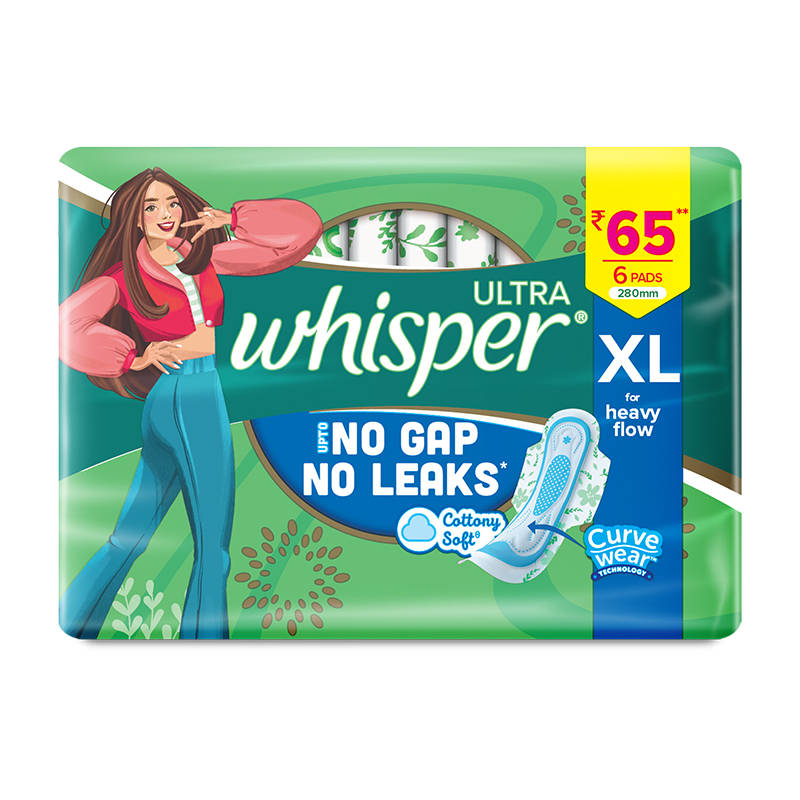 Whisper Ultra Upto No Gap No Leaks Sanitary Pads, 6 XL Pads, For Heavy Flow Protection