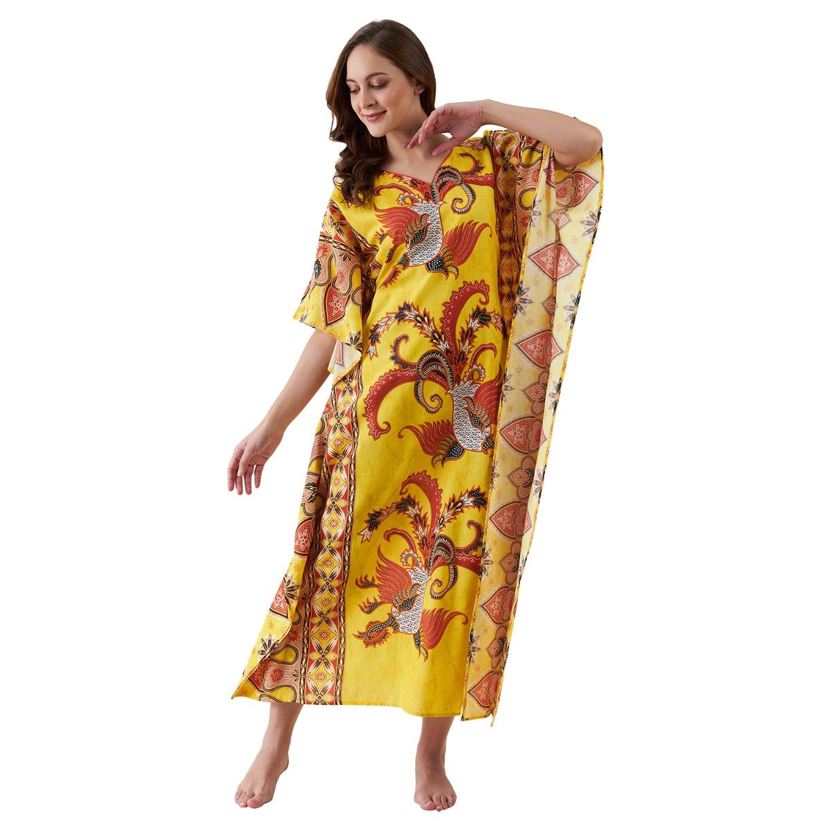 The Kaftan Company Patterned Enchanted Birds Batik Print Cotton Kaftan