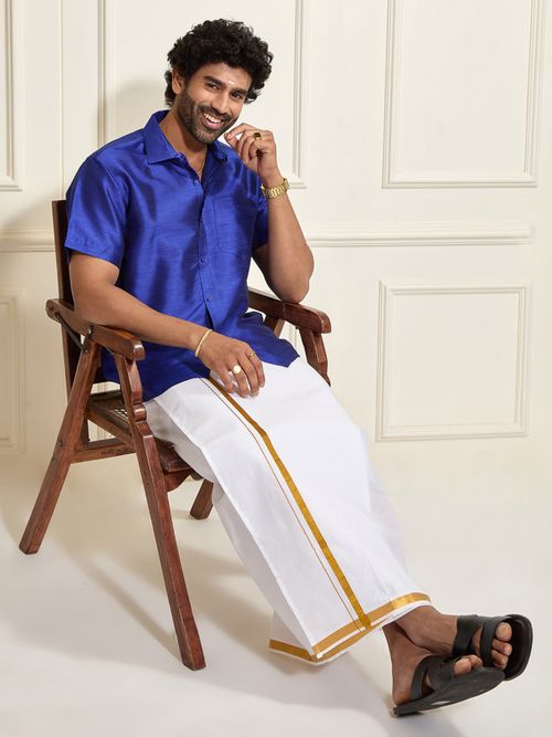 Vastramay Men Ethnic South Indian Style Half Sleeve Silk Shirt with Mundu  (Set of 2) (S)