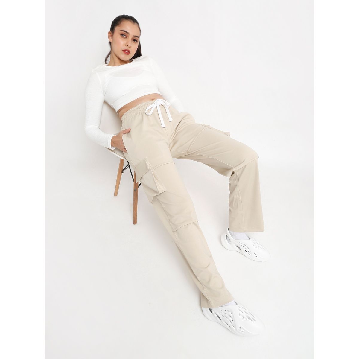 Women's Straight Leg High Waisted Cargo Trousers With Pockets Beige –  Styledup.co.uk