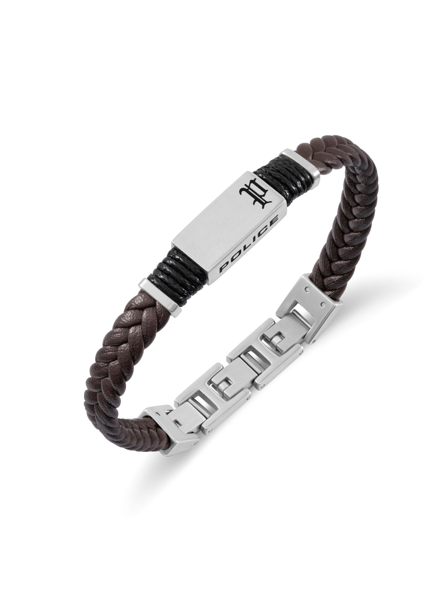 Buy Police Ridgecord Ss Brown Braided Flat Leather Bracelet