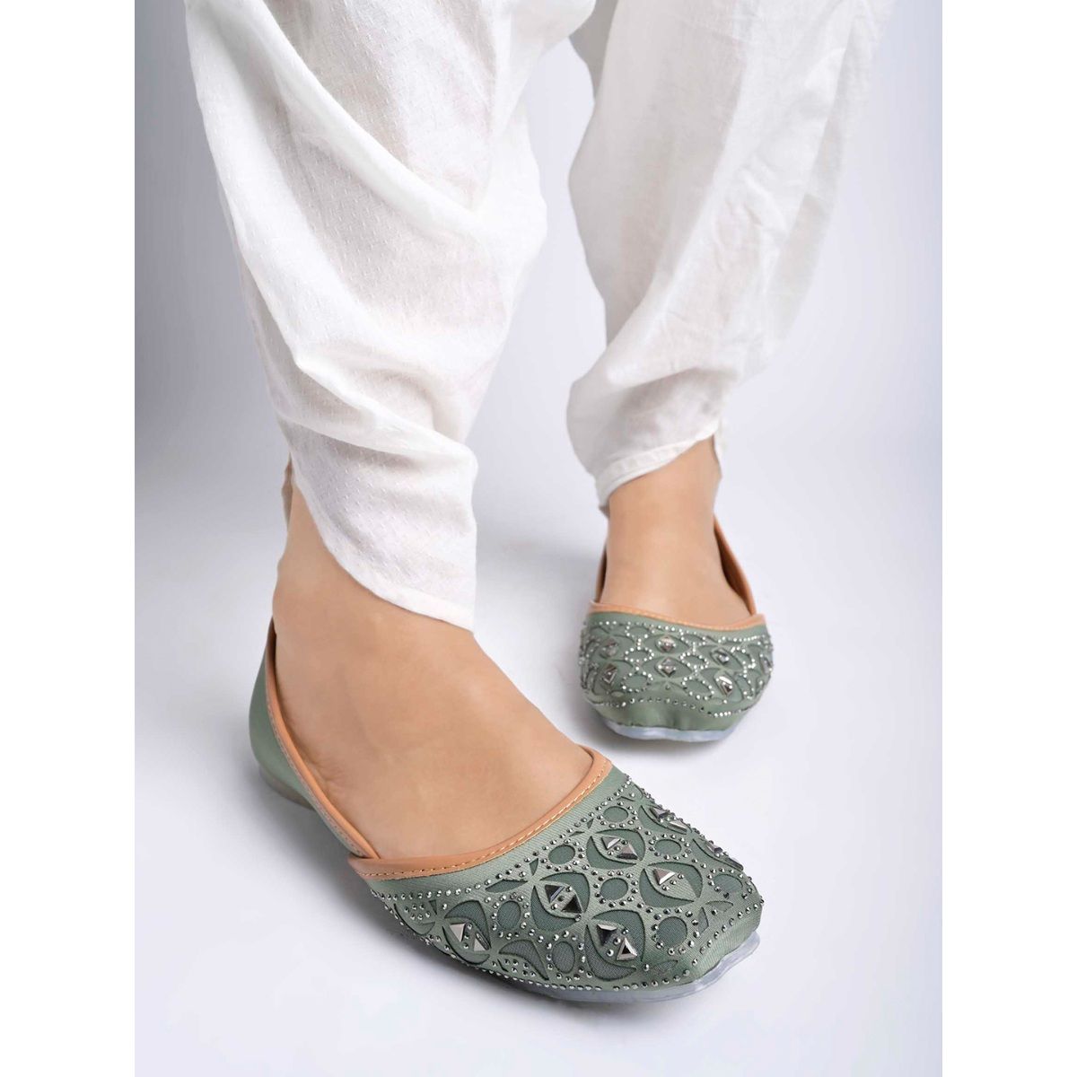 Shoetopia Green Womens Ethnic Traditional Slip On Mojari Rajasthani