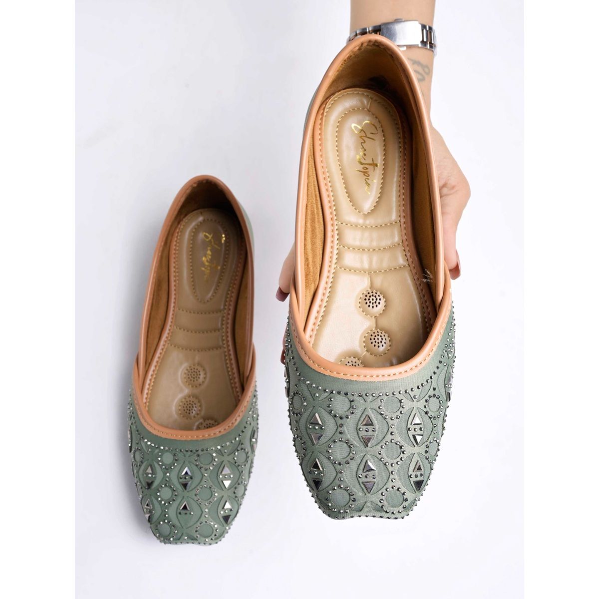 Shoetopia Green Womens Ethnic Traditional Slip On Mojari Rajasthani