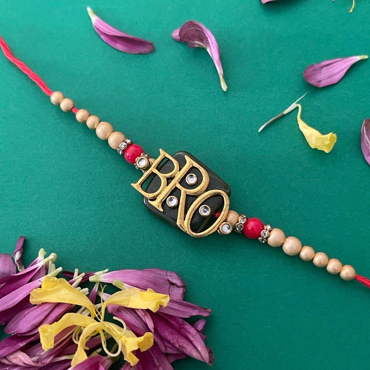 Digital Dress Room Fancy Green Marble Stone Bro Rakhi Beads Red Thread Rakhi