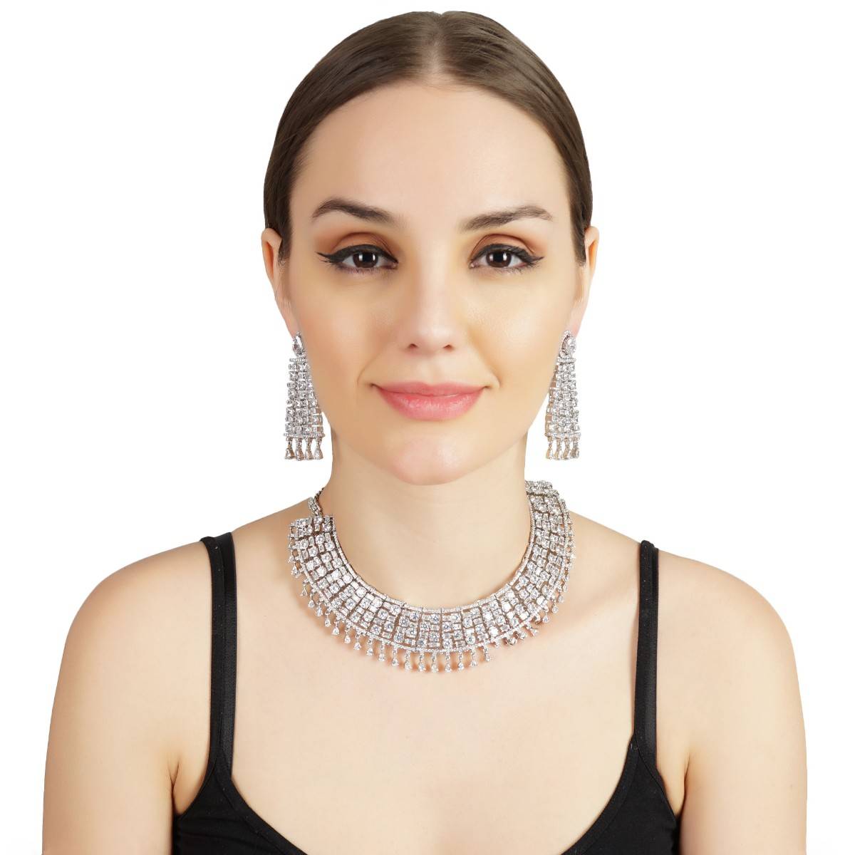 Auraa Trends Rhodium Plated American Diamond Zircon White Necklace Set for Women
