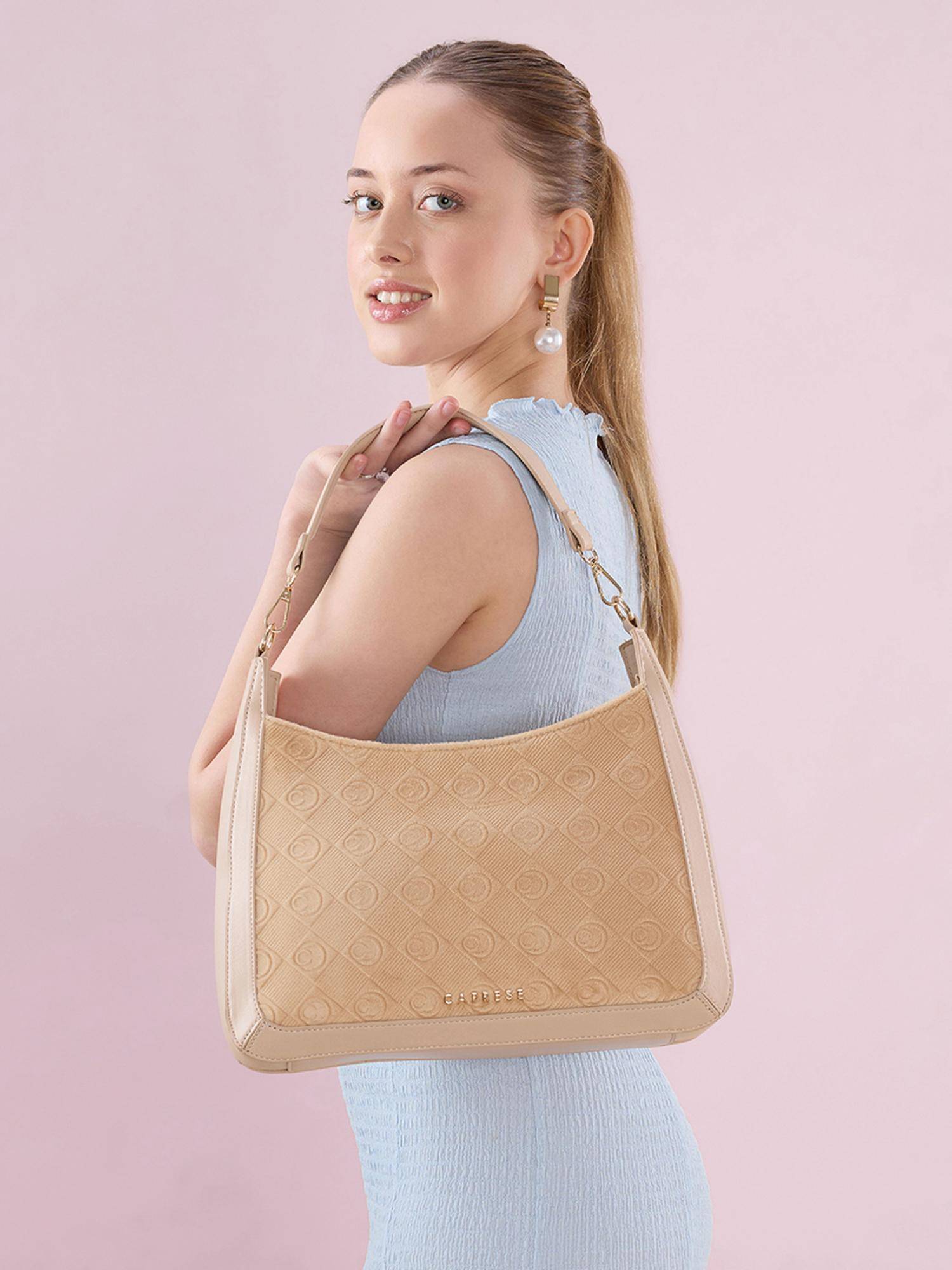 Caprese Women Katherine Alpine Monogram Velvet Beige Handbag