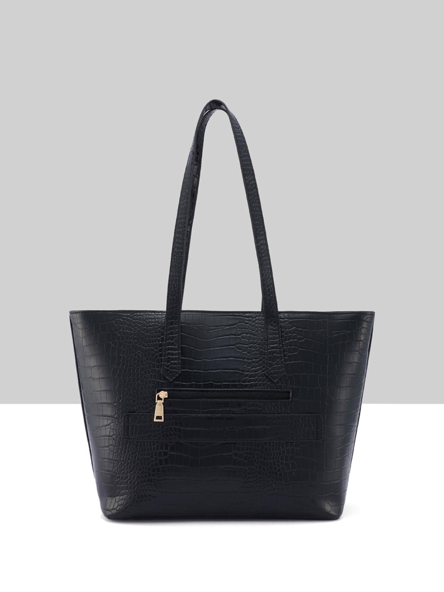 Buy Caprese Women Aza Black Croc Textured Tote Bag with Pouch Online