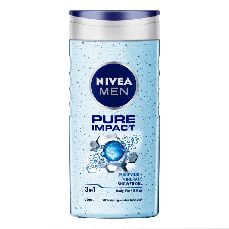 NIVEA Men Body Wash - Pure Impact with Purifying Minerals - Shower Gel for Body - Face & Hair 3-in-1