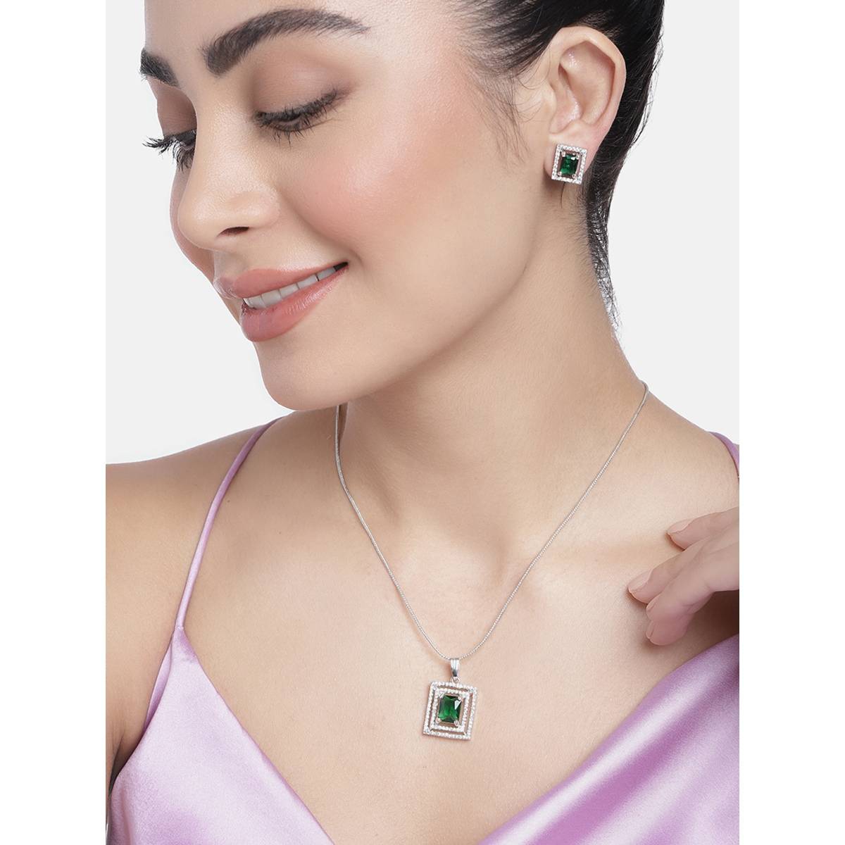 Estele Rhodium Plated CZ Attractive Pendant Set with Green & White Stones for Women